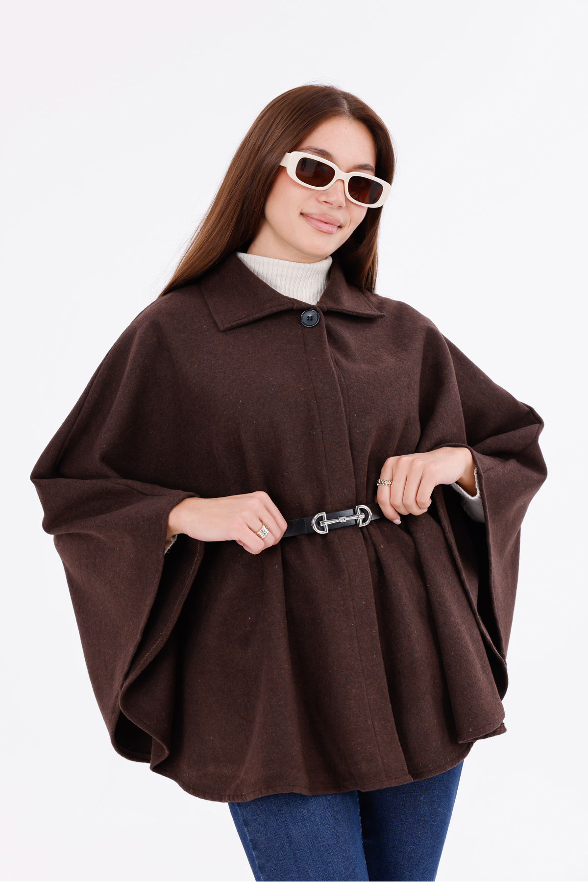 Women's Brown Plump Plush Poncho with Buckle Waist Detail Warm Winter Outerwear