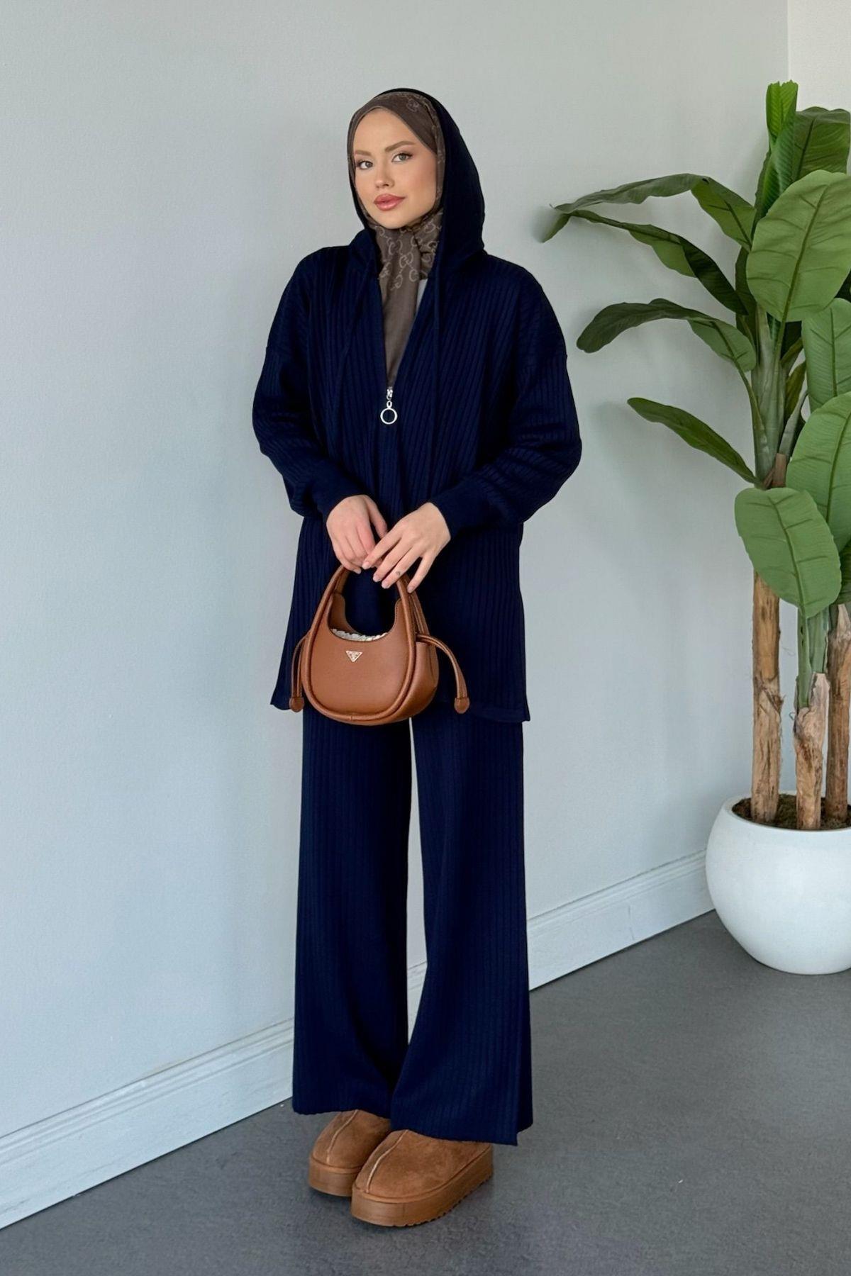 Enji Hooded Zippered Set Navy Blue