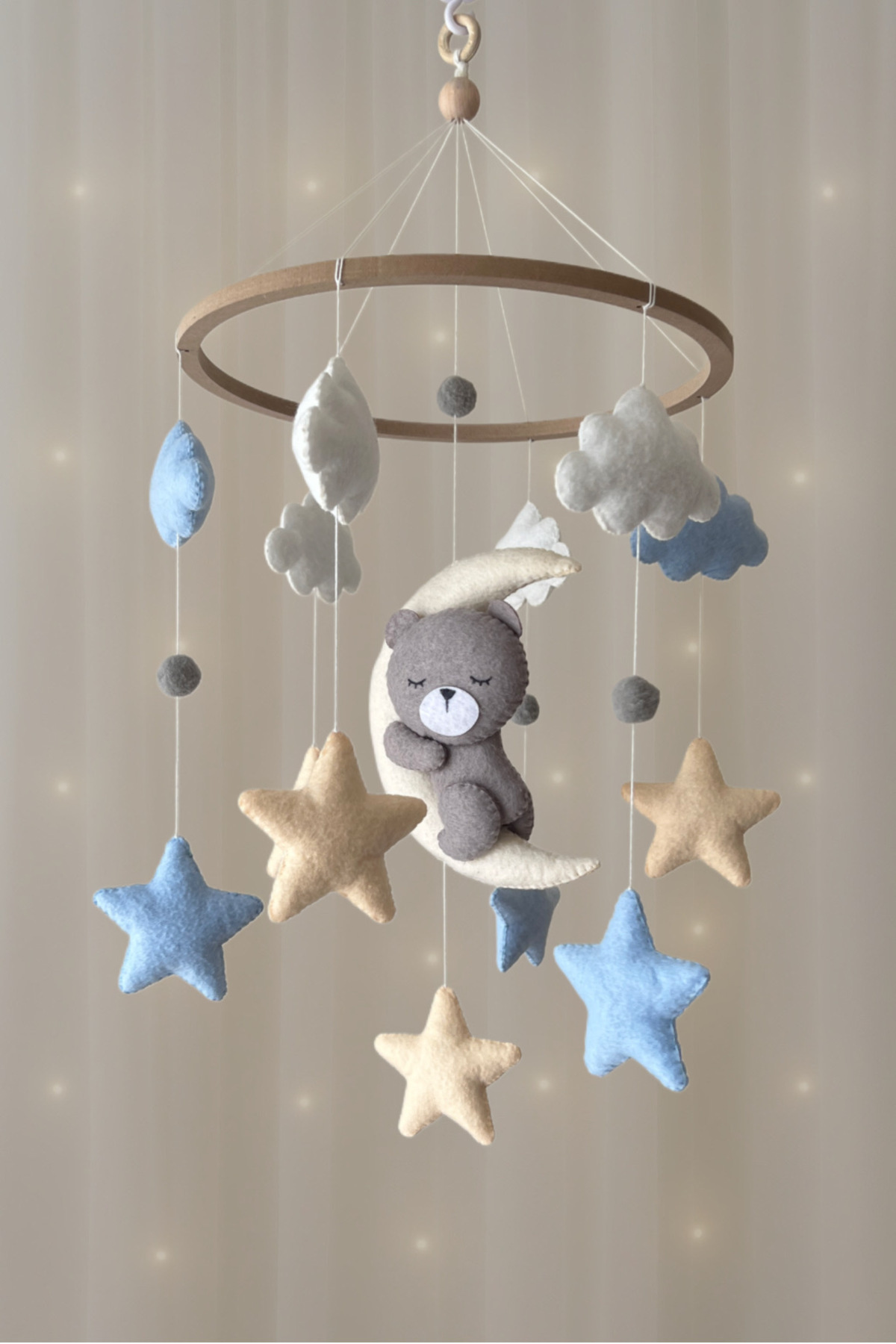 SefDen Lazer Kesim Atölyesi El Yapımı Müzikli Bebek Beşik Dönencesi - Mavi-Somon Yıldızlı Bebek Odası Süsü