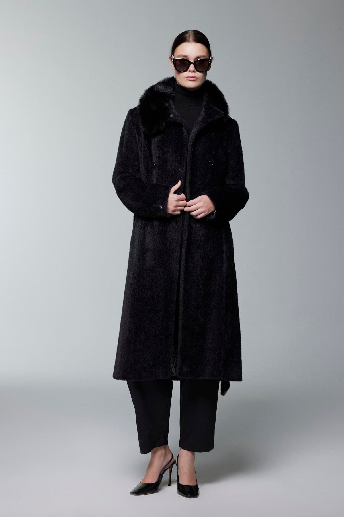 Zühre  Kürk Yaka Düğme ve Kuşak Detaylı Kaban - Görsel 3