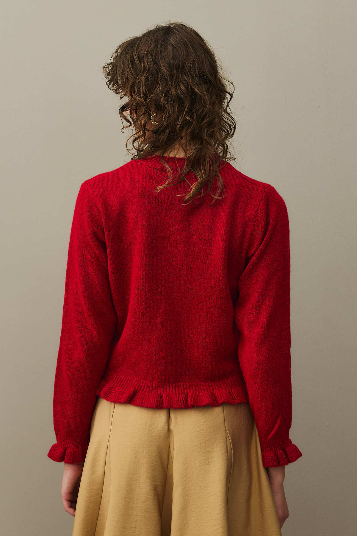 Fahhar  İnce Fırfırlı Tiftik Hırka Kırmızı - Görsel 7