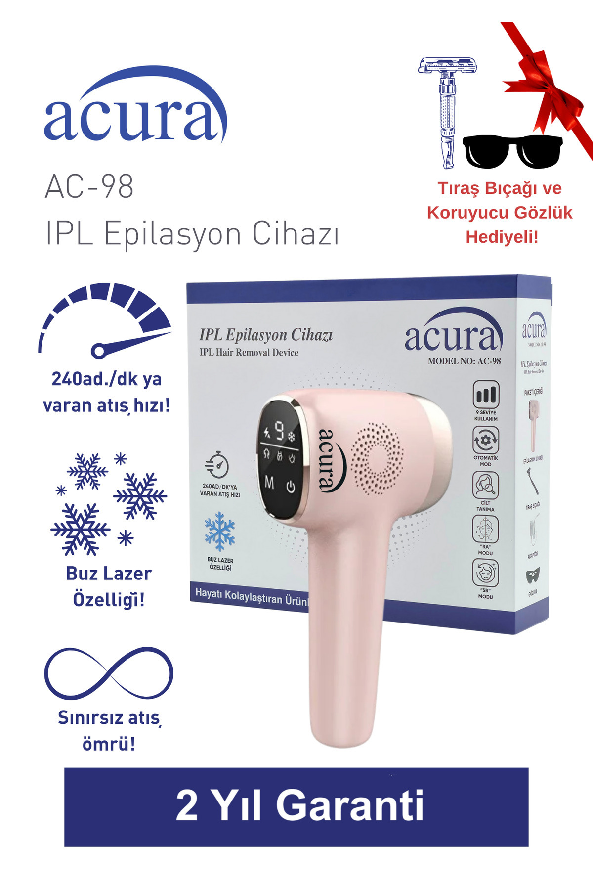 Acura AC-98 Ultra Hızlı, Sınırsız Atışlı Buz Lazer IPL Lazer Epilasyon Cihazı