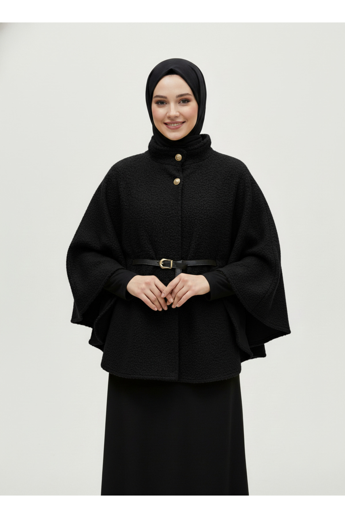 BENAHOLL Sarina 2 Gold Düğmeli Buklet Panço-FS7555 Siyah