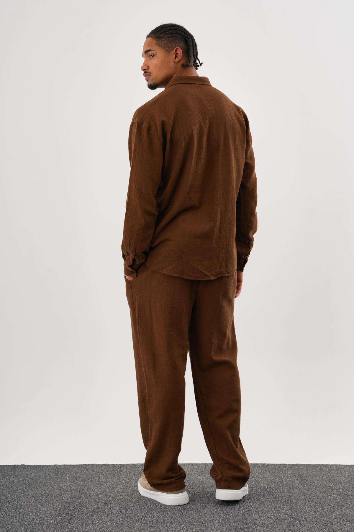 Flare Kışlık Baggy Pantolon Oversize Gömlek Alt üst Takım %100 Pamuk Kahve — 4