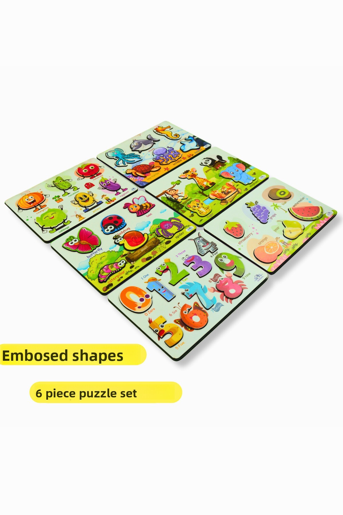 مجموعه پازل آموزشی غول‌پیکر چوبی انگلیسی ۶ تکه - حیوانات، میوه‌ها، سبزیجات، اعداد، حشرات