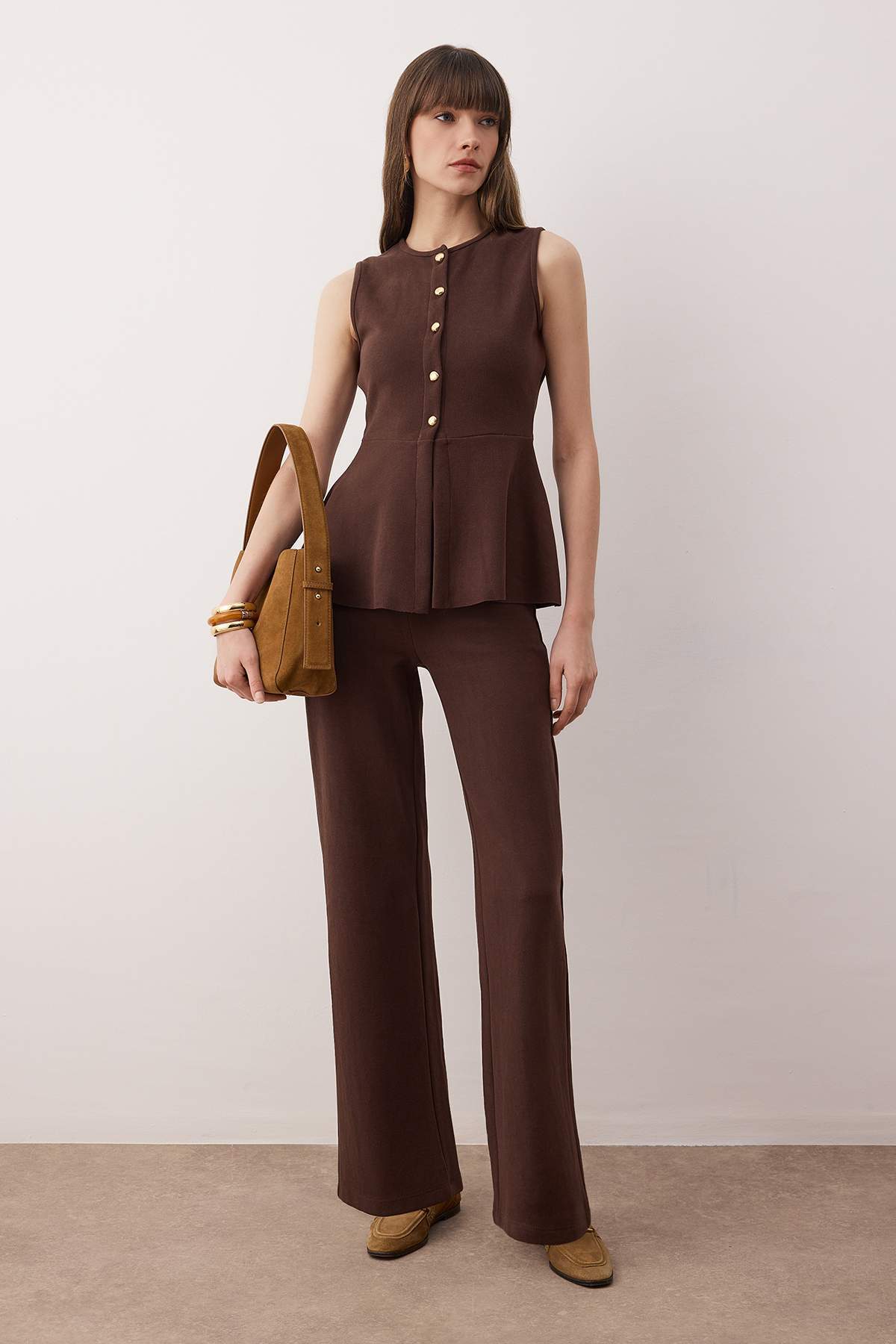 Trendyolmilla  Kahverengi Selanik Düğmeli Belden Açılan Wide Leg/Palazzo Alt Örme Alt - Üst Takım TWOAW26AU00092