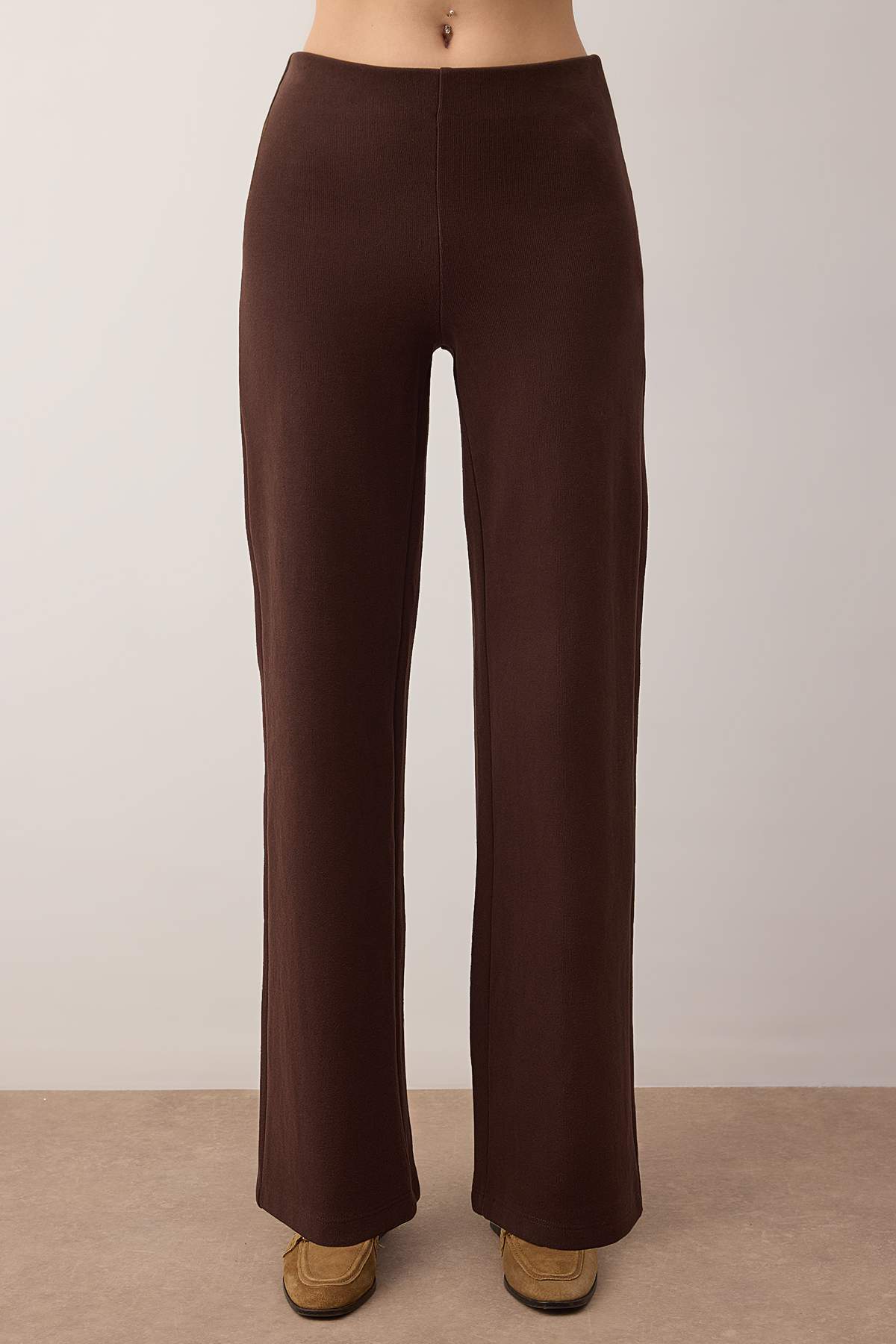 Trendyolmilla  Kahverengi Selanik Düğmeli Belden Açılan Wide Leg/Palazzo Alt Örme Alt - Üst Takım TWOAW26AU00092 - Görsel 3