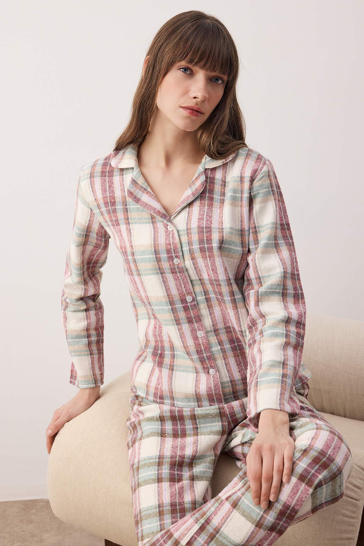 Trendyolmilla  Mint Pamuklu Ekoseli Kışlık Kalın Flanel Dokuma Pijama Takımı THMAW26PT00175 - Görsel 2