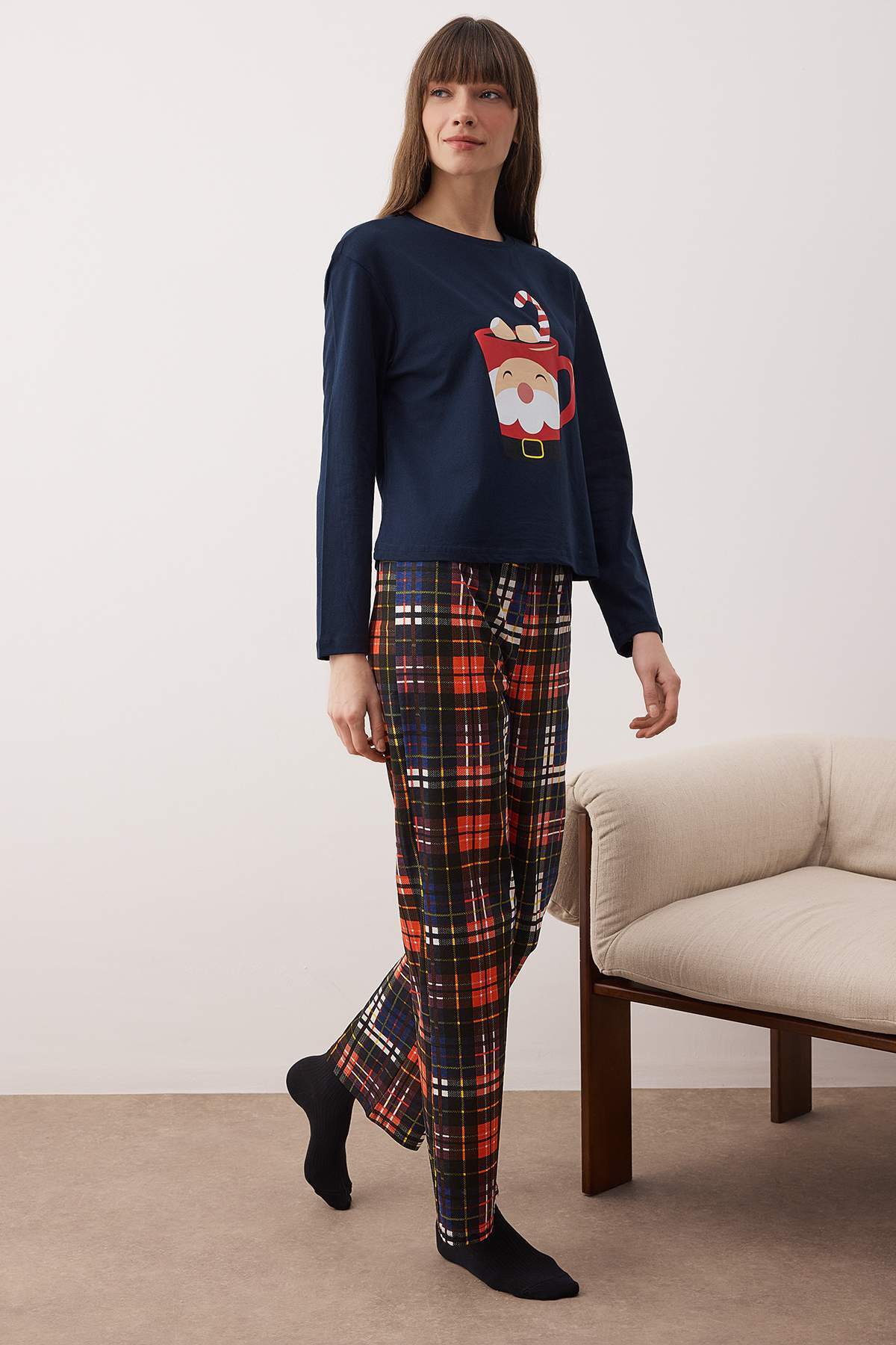 Trendyol Collection Navy Blue 100% Cotton Christmas Themed Knitted Pajamas Set Thmaw24Pt00059