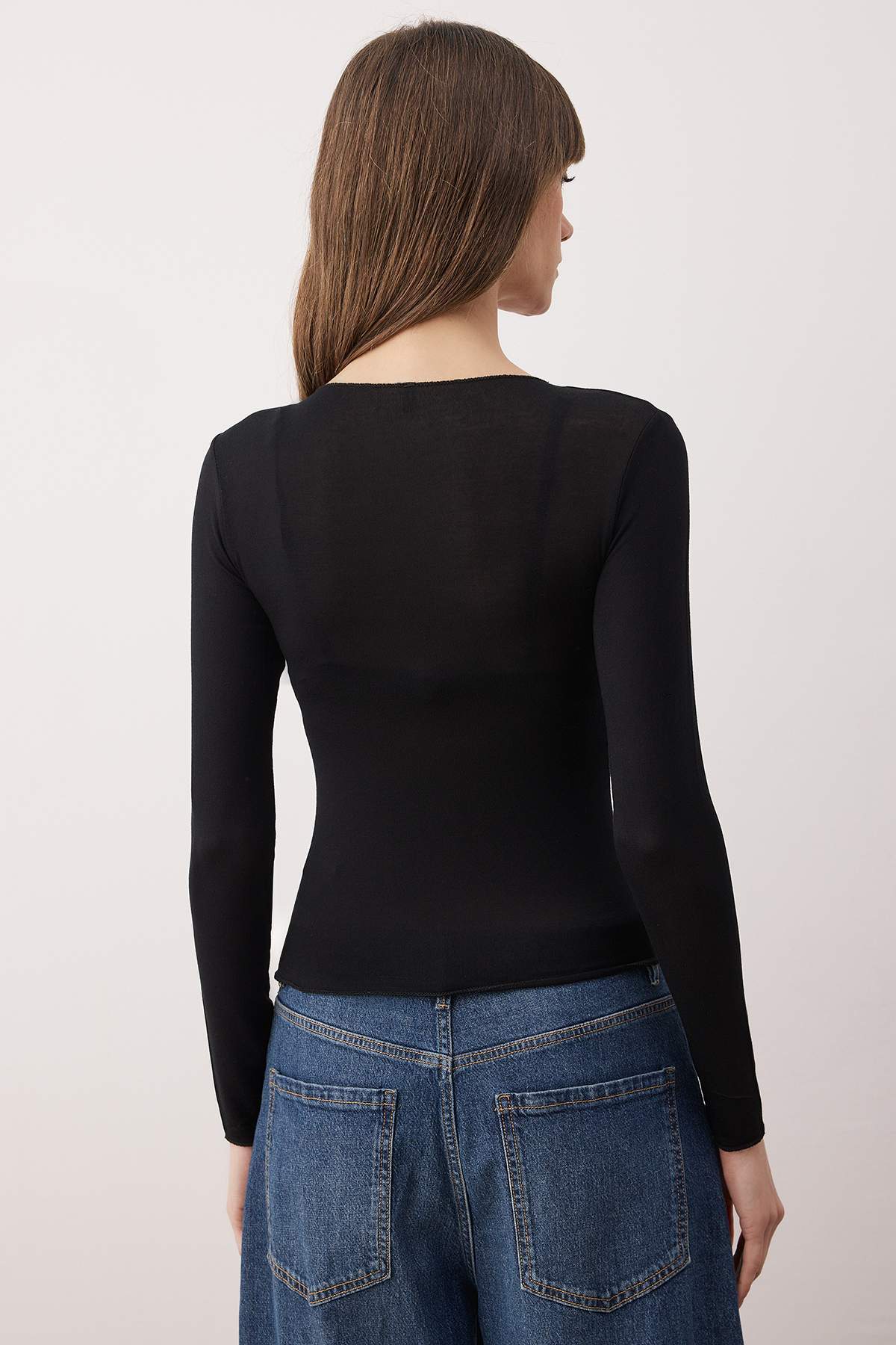 Trendyolmilla  Siyah Transparan Esnek Vücuda Oturan Örme Bluz TWOAW26BZ00306 - Görsel 5