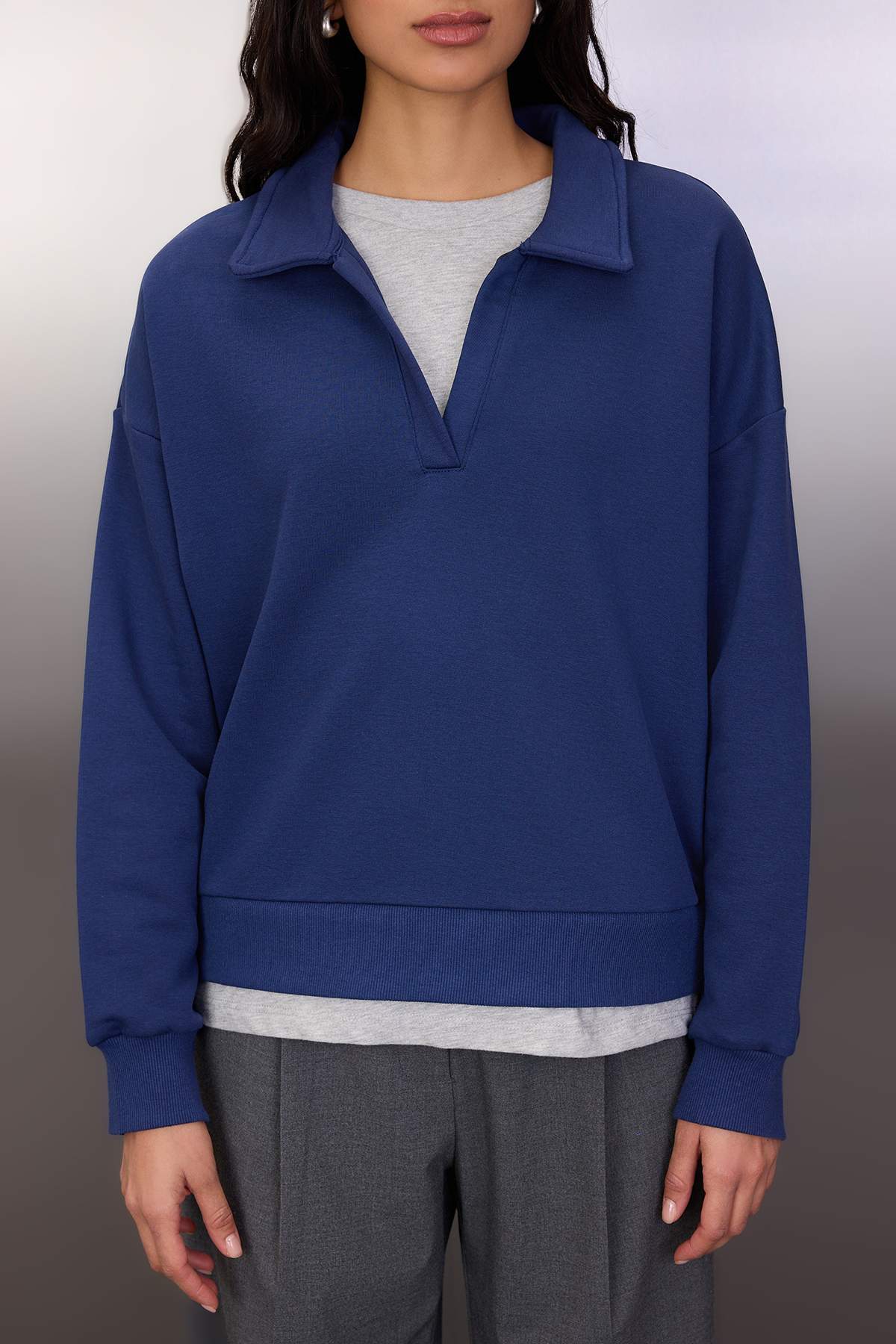 Trendyolmilla  Lacivert Polo Yaka Çift Katlı Örme Sweatshirt TWOAW26SW00127 - Görsel 3