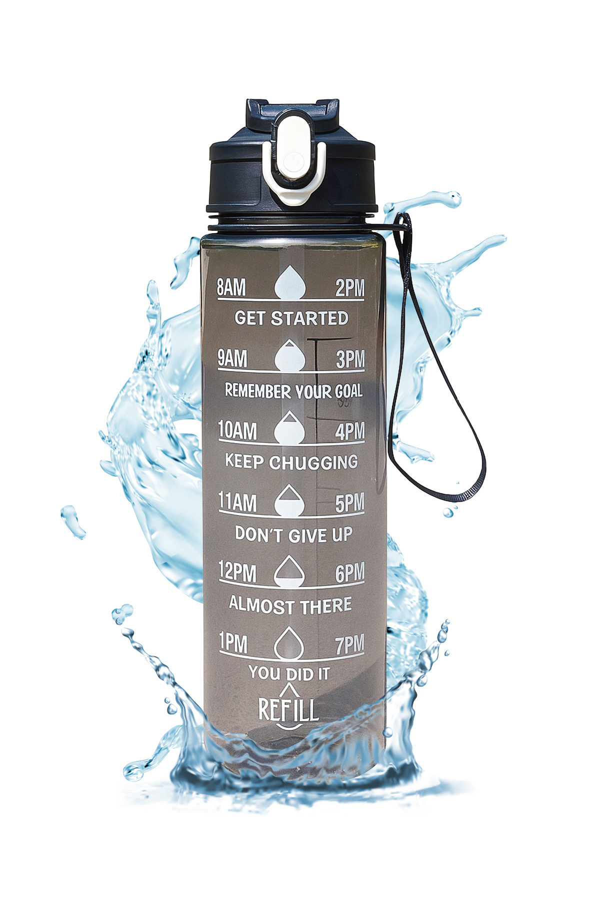 Mutfiko Siyah Şeffaf Motivasyon Su Matarası 900 ml Sızdırmaz, Spor, Okul, Ofis Ve Günlük Kullanımına Uygun