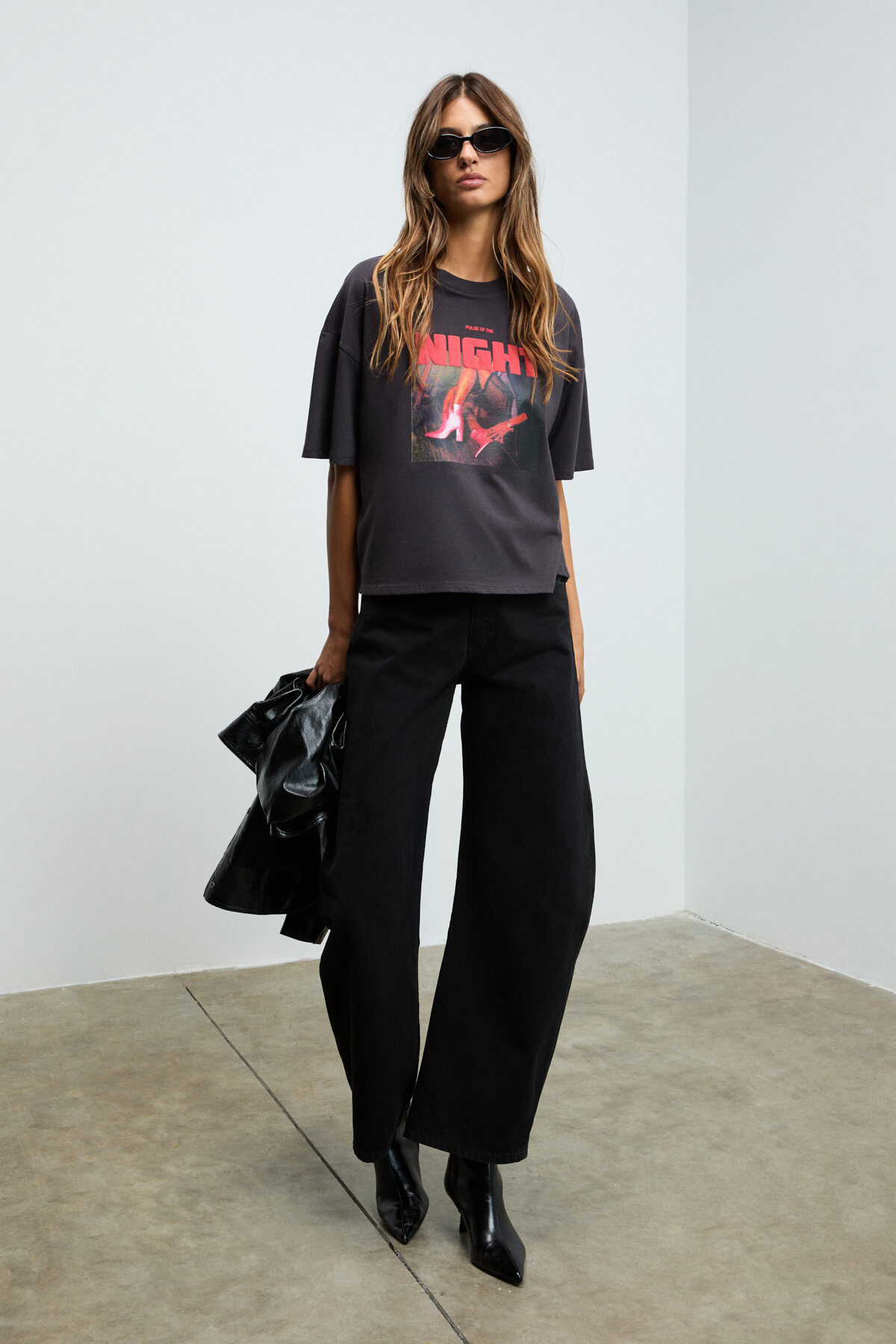 GRIMELANGE  AYUKRA Kadın Yumuşak Ve Esnek Kumaşlı Baskı Detaylı Bisiklet Yakalı Antrasit T-Shirt - Görsel 5