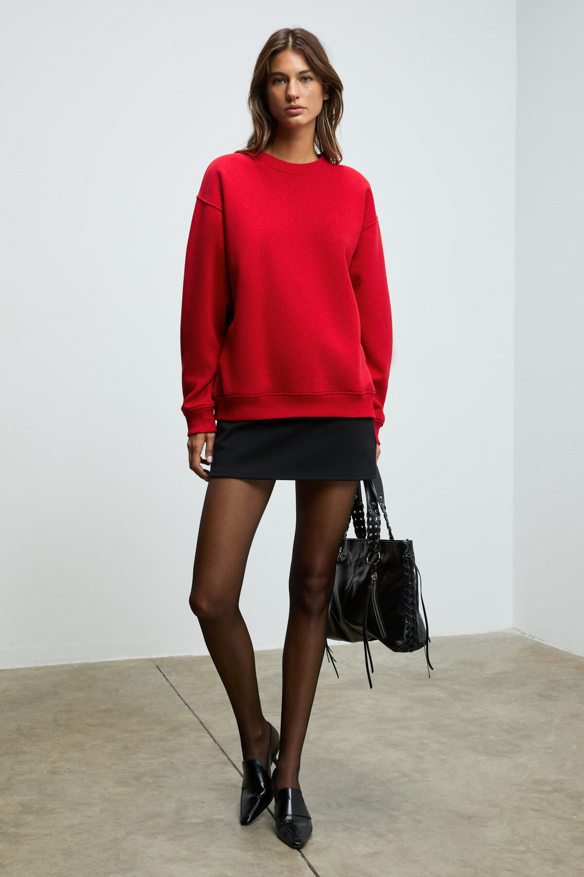 GRIMELANGE  KARIUS Kadın Organik Pamuklu İçi Polarlı Oversize Yuvarlak Yakalı Kırmızı Sweatshirt - Görsel 5