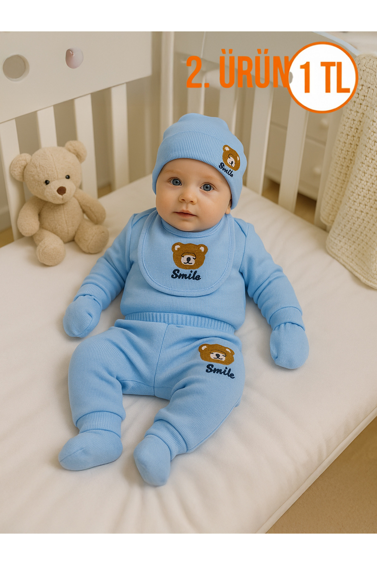 Maysa Smile Desenli %100 Organik 5 li Yenidoğan Bebek Hastane Çıkışı Seti Waffle Kumaş