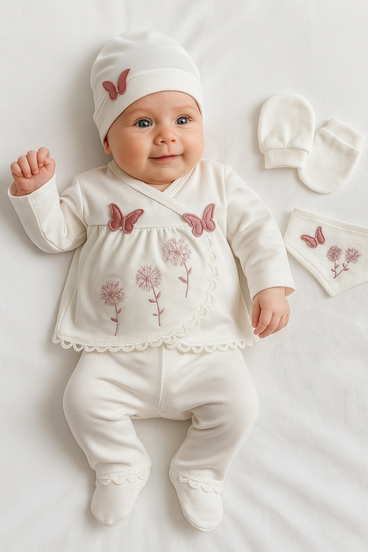 %100 Pamuk Yenidoğan Kız Bebek 5 Parça Hastane Çıkış Seti