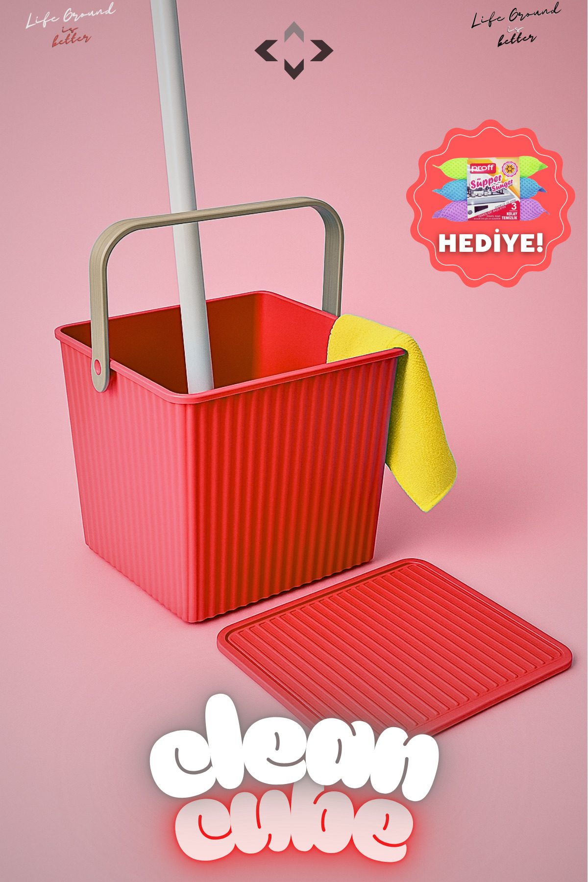 LİGROUND Red Clean Cube Kare Kapaklı Kulplu Temizlik Kovası Su
