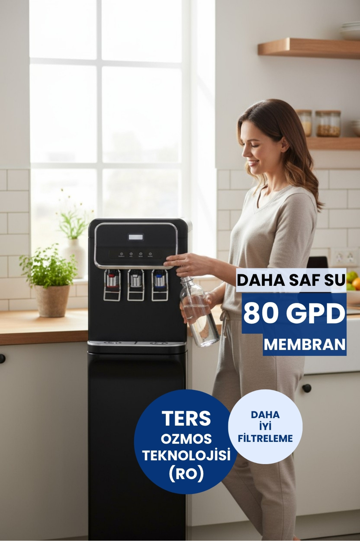 WATER GLOBAL SU ARITMA SİSTEMLERİ Arıtmalı Su Sebili 80GPD RO - Sıcak, Ilık ve Soğuk Su - 3 Musluklu Siyah V2 (Üreticiden)