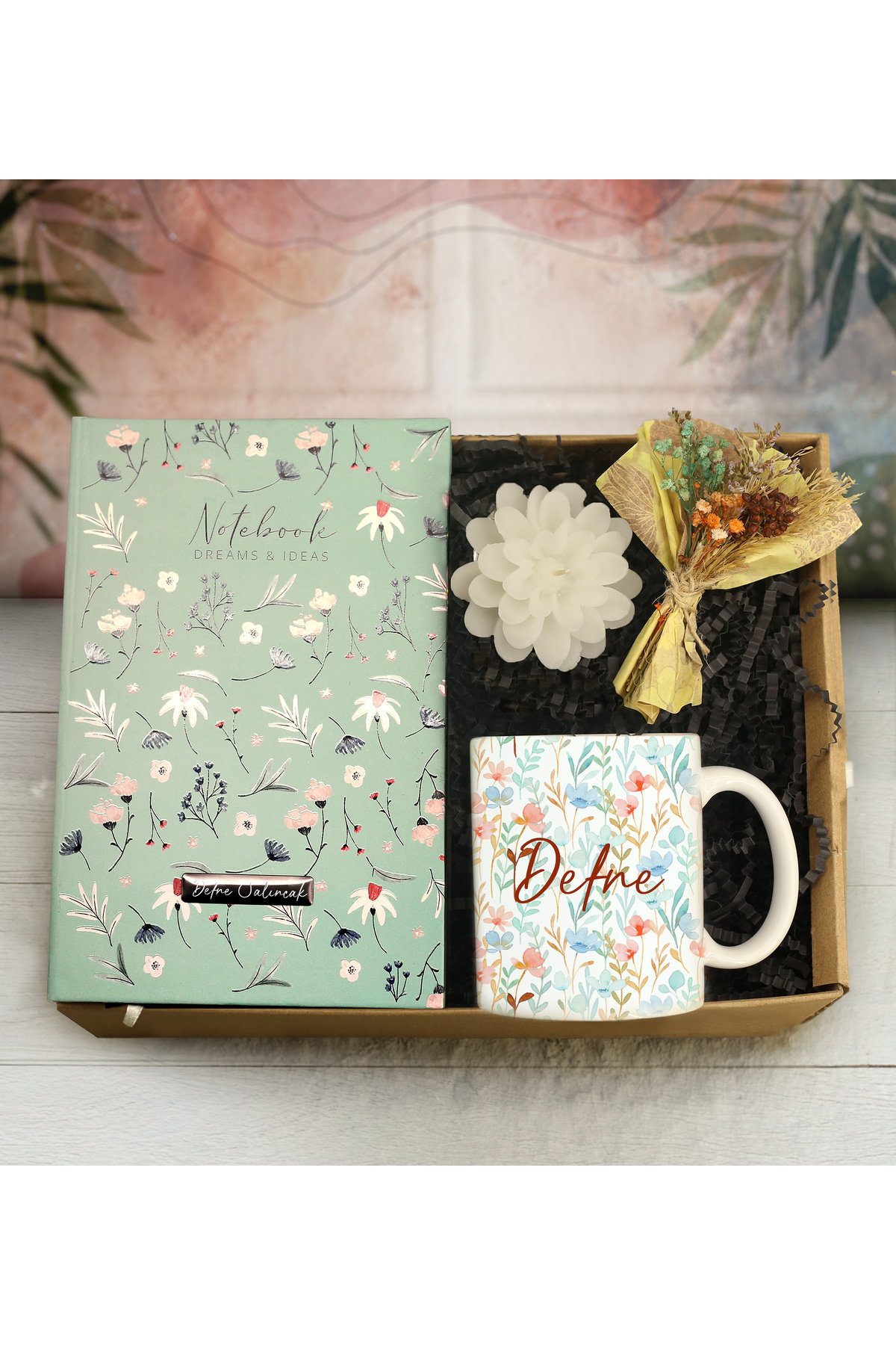 gagga Kişiye Özel Desenli Defter & Baskılı Kupa & Işıklı Mini Kar Küresi & El Yapımı Çiçek Hediye Seti