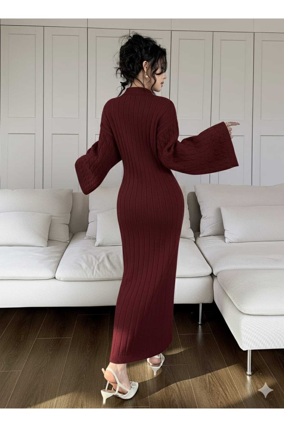 SAYZEN Gömlek Yaka Düğmeli Saç Örgülü Triko Elbise görsel 2