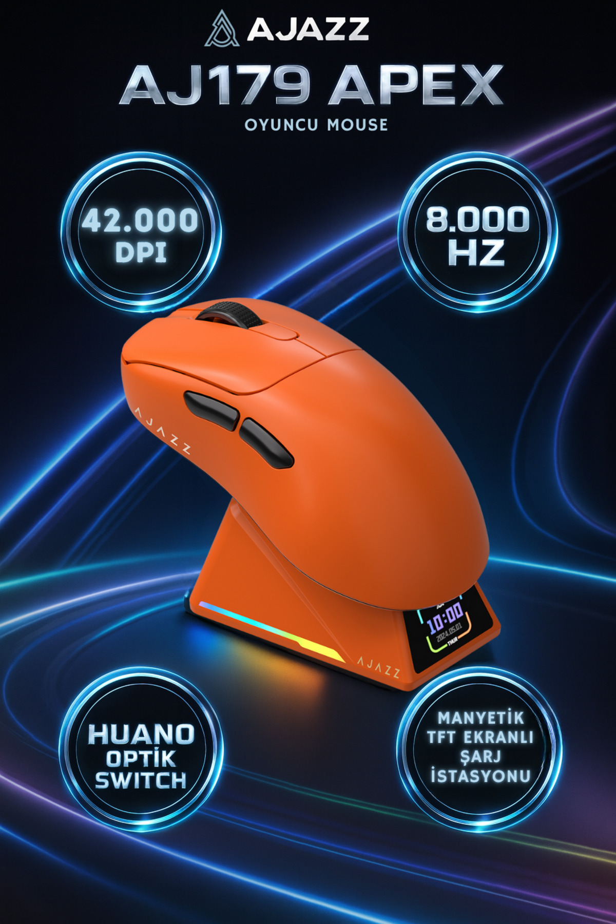 Ajazz Aj179 Apex 8.000 Hz-30.000 DPI, Huano Optik Switch-RGB