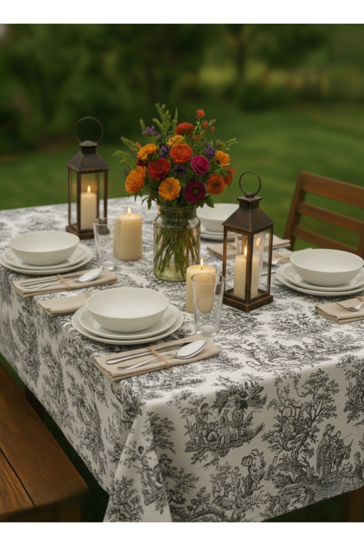Black English French Peasants Patterned Rustic Vintage Decorative Oversized Tablecloth