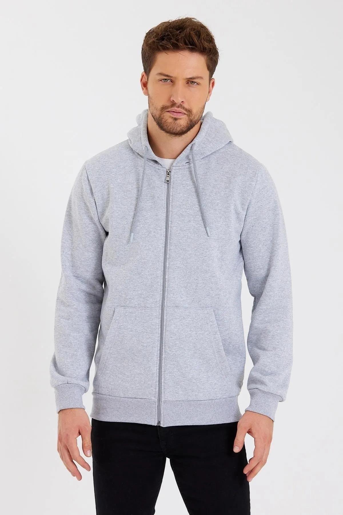 Gri Kapüşonlu Regular Fit Hırka Düz Paça Erkek Eşofman Takımı — خاکستری MTLCE6061 — تصویر 6 از 7