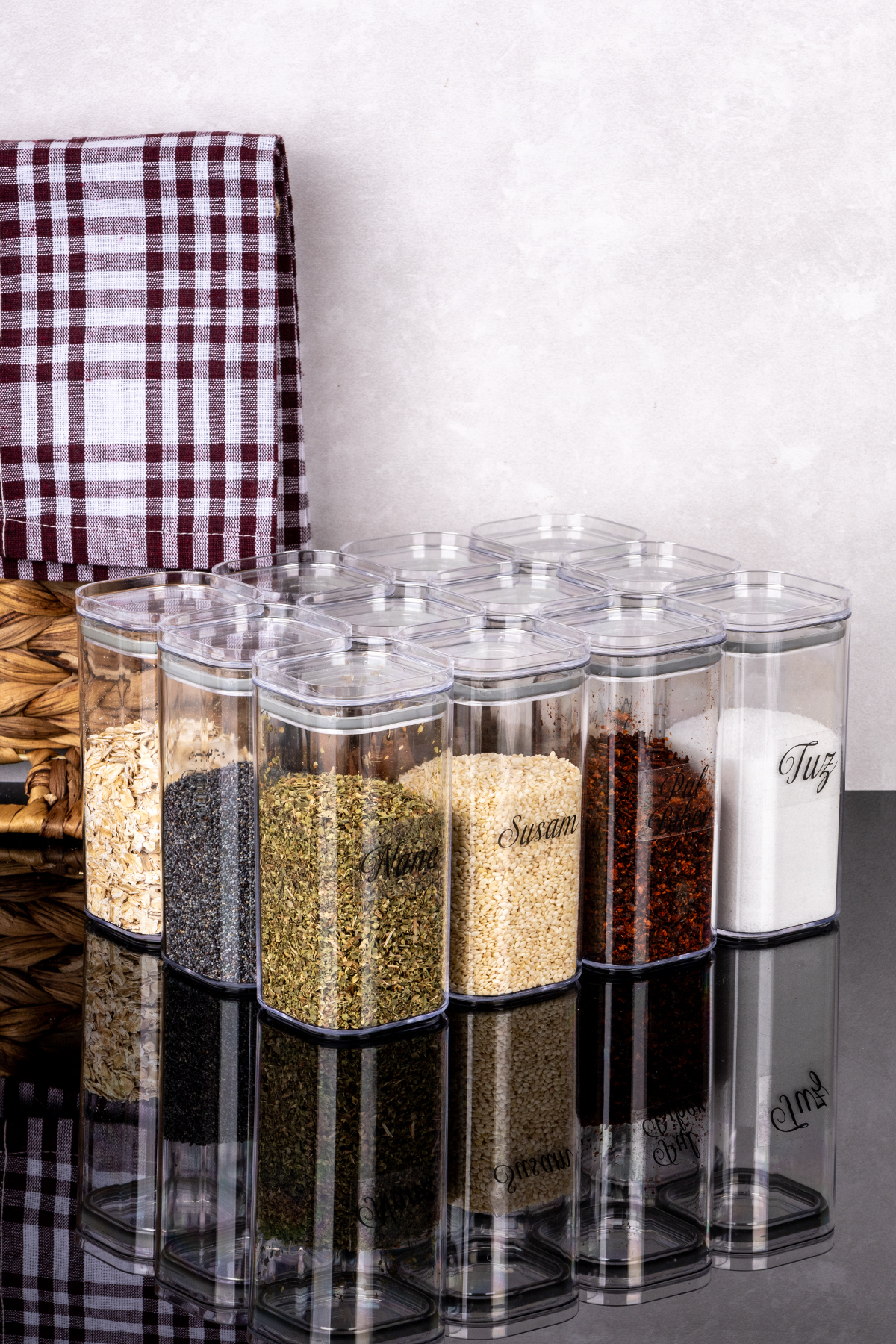 DNS HOME 12-Pack 300 ml Vacuum Lid Acrylic Spice Container Storage Jar Transparent Jar with Label Gift