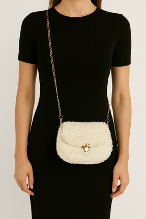 Helybag El yapımı Kuzu Dokulu Beyaz - Zincirli El ve Omuz Çantası