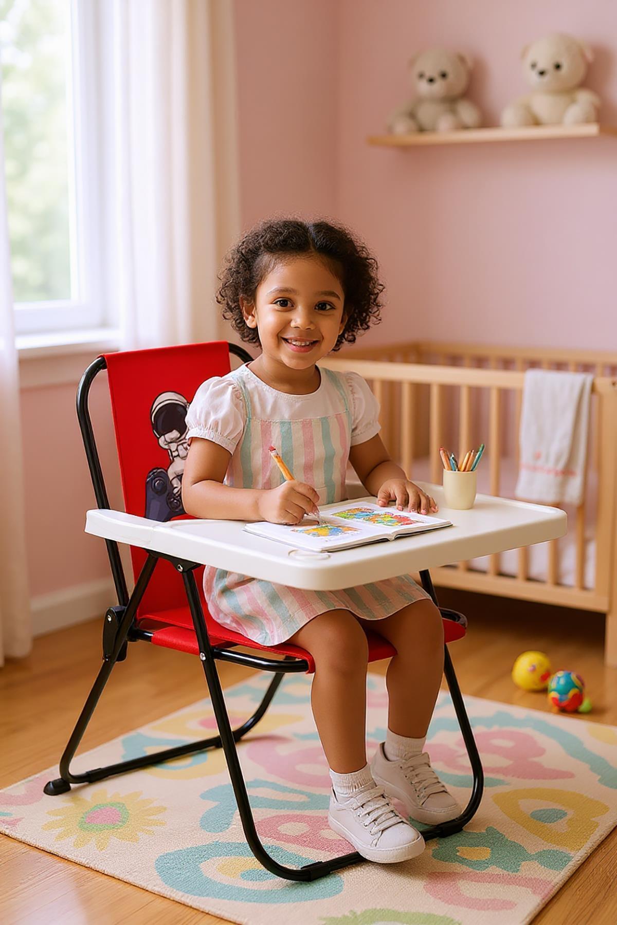 Exent 2–6 Yaş, Katlanabilir Çocuk Sandalyesi ve Masası Tak-Çıkar Masa-Game Astro-KIRMIZI