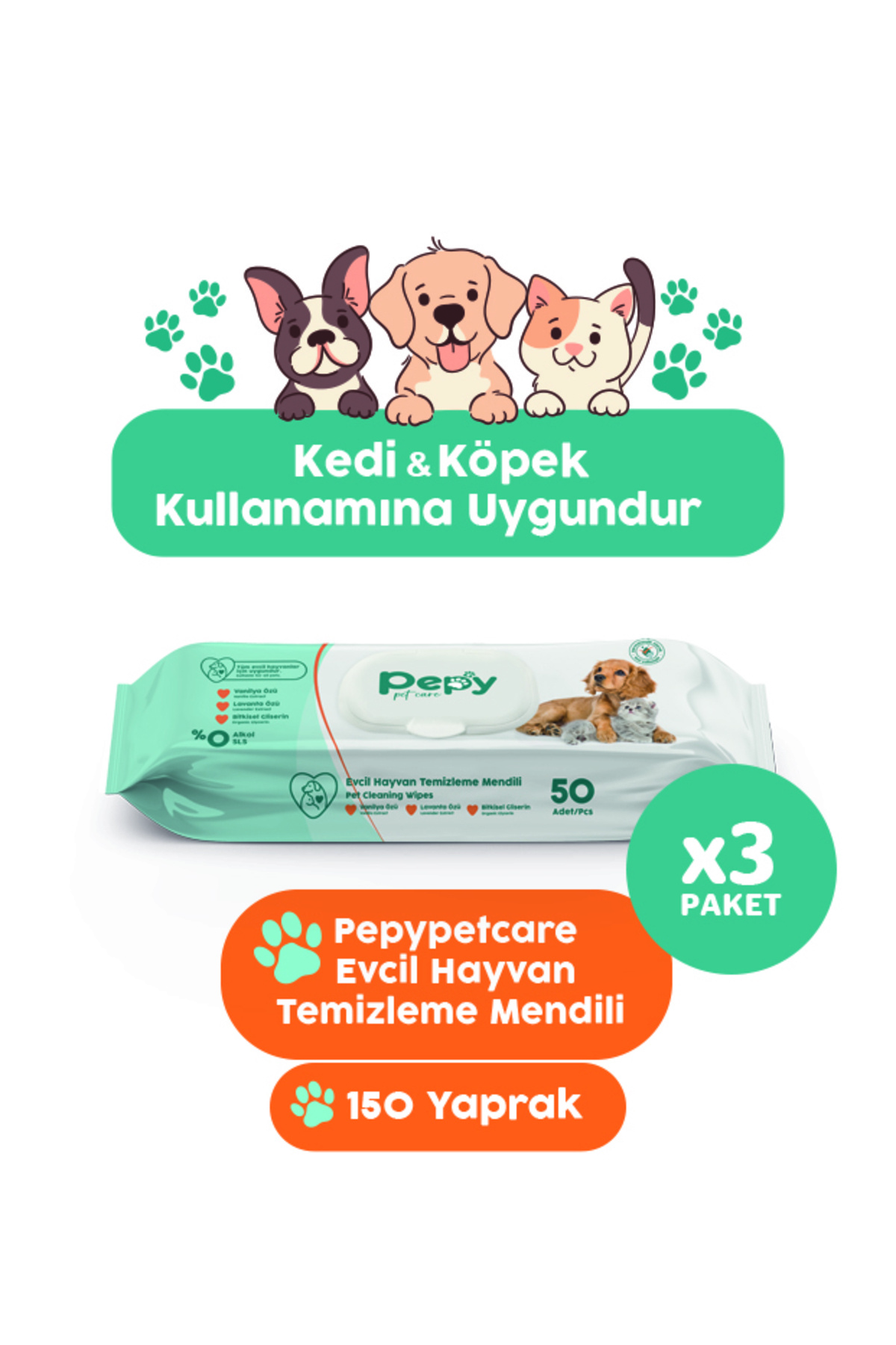 PEPY Kedi Ve Köpek Kullanımına Uygun Evcil Hayvan Temizleme Mendili 3 paket 150 Adet