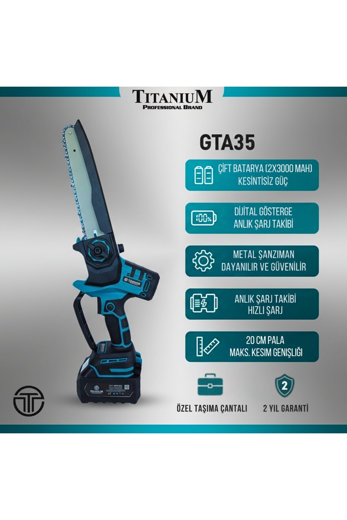 Titanium Professional Brand Titanium GTA35 Şarjlı Akülü Budama Testeresi Çantalı Dijital Gösterge