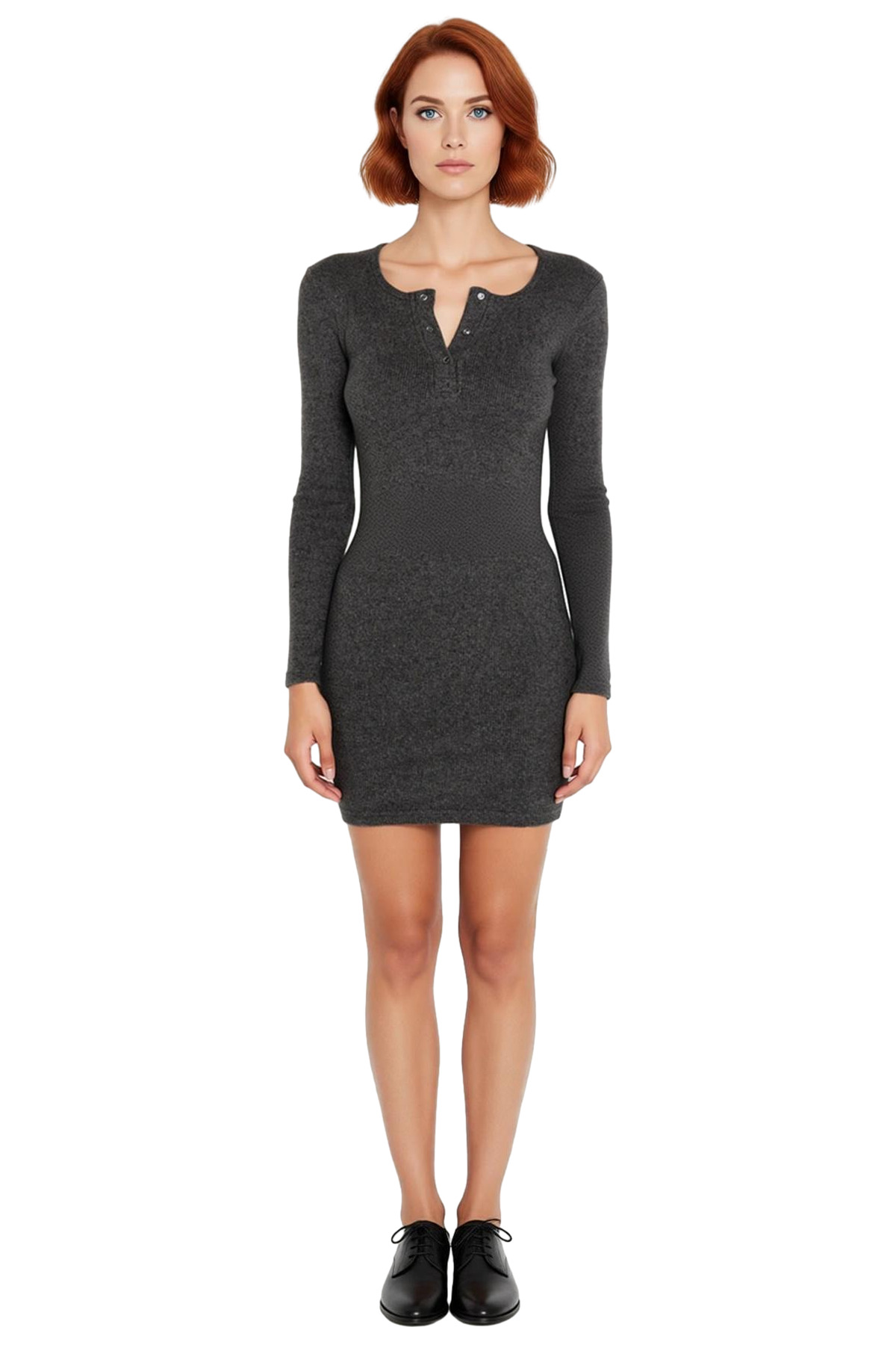 Kadın Bodycon Fitilli Örme Uzun Kollu Çıtçıt Detaylı Mini Elbise Günlük Ve Şık Kombinler İçin