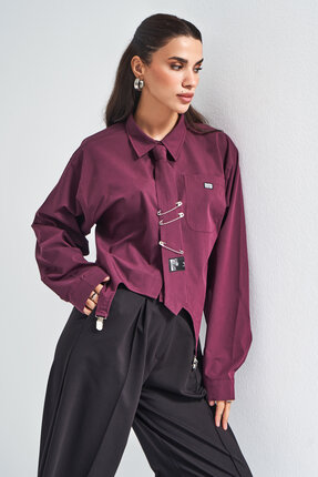 it's basic Kadın Bordo Renk Kravatlı Tasarım Bol Kesim Gömlek