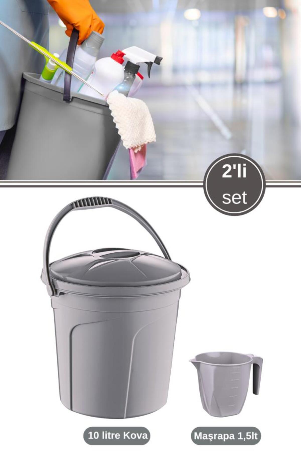 Flora 2’li Temizlik Kova Seti, Kapaklı Kulplu Plastik Su Kovası 10 litre + Maşrapa 1,5 litre 2’li Set Gri