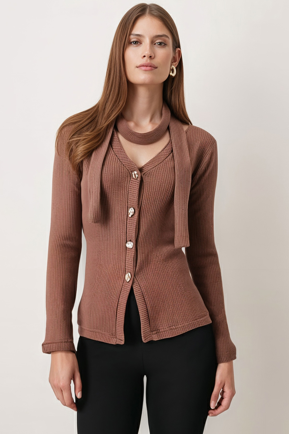 armonika  Kadın Açık Kahve V Yaka Önden Düğmeli Şal Detaylı Yumuşak Dokulu Hırka ARM-26K001032 - Görsel 2