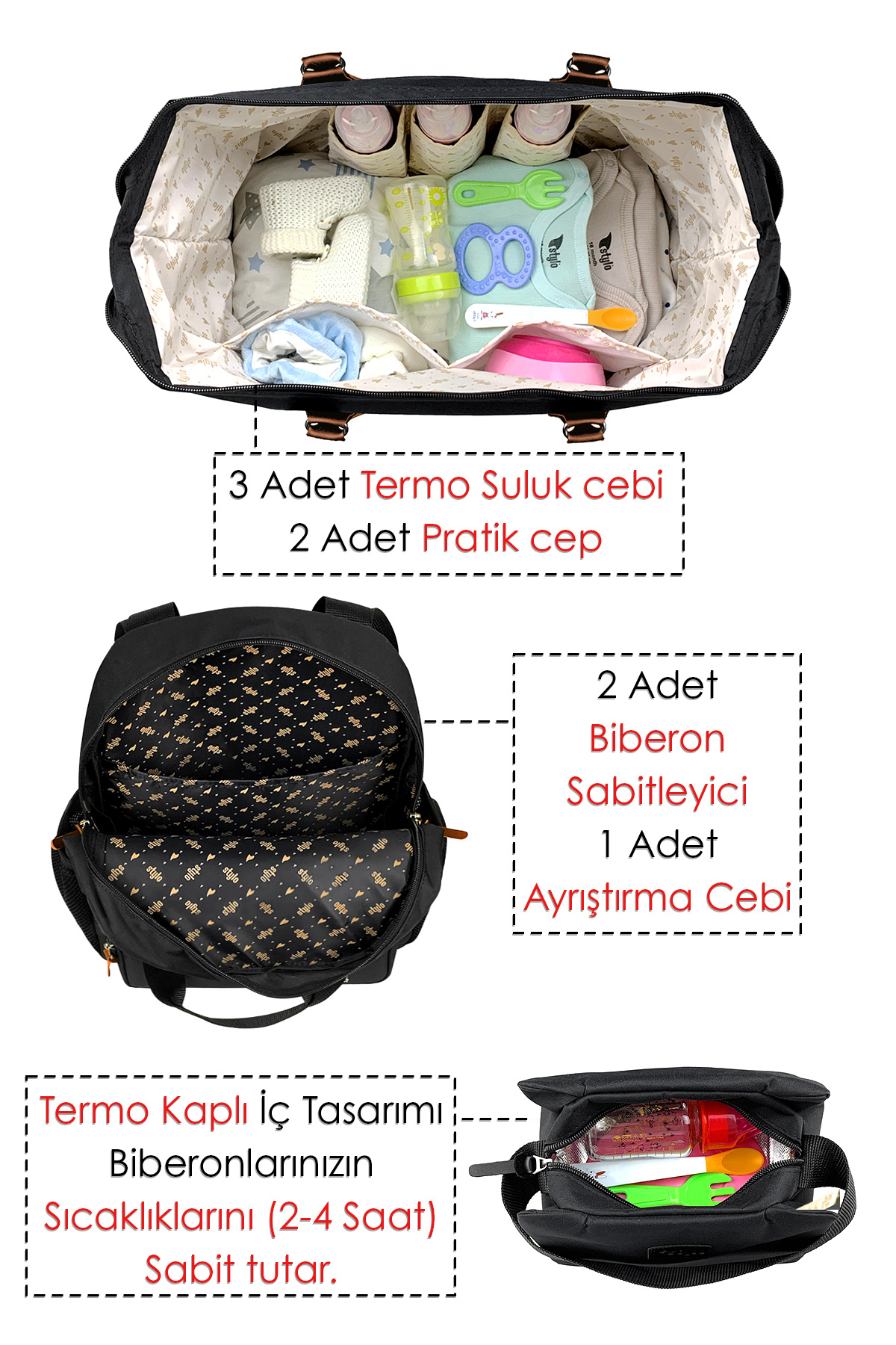 Stylo Baby Bag Bebek Bakım Kadın Omuz Çantası + Popi Anne Kadın Sırt Çantası Termos Çanta Hediye-Siyah fotoğrafı 4 (önizleme)