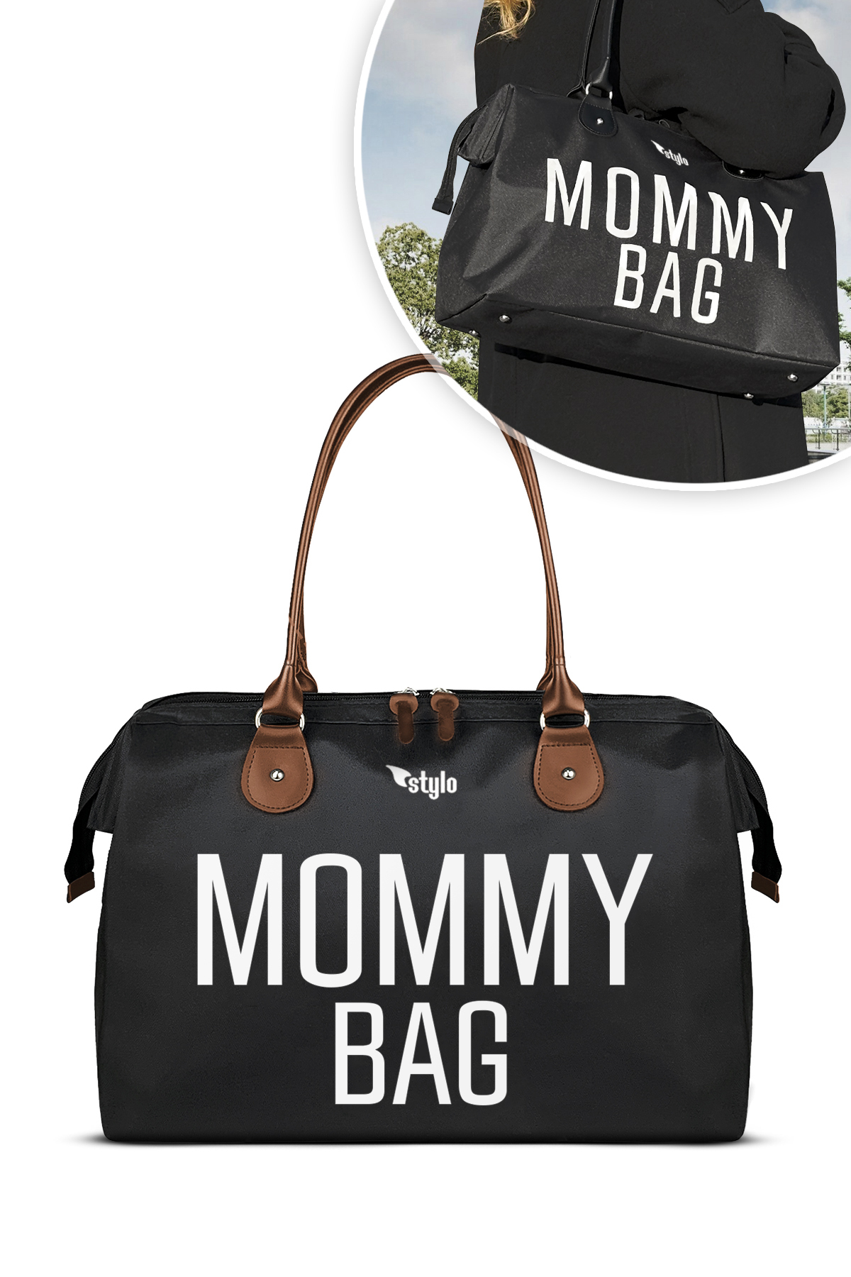 Stylo Mommy Bag Bebek Bakım Kadın Omuz Çantası + Popi Anne Kadın Sırt Çantası Termos Çanta Hediye-Siyah fotoğrafı 2 (önizleme)
