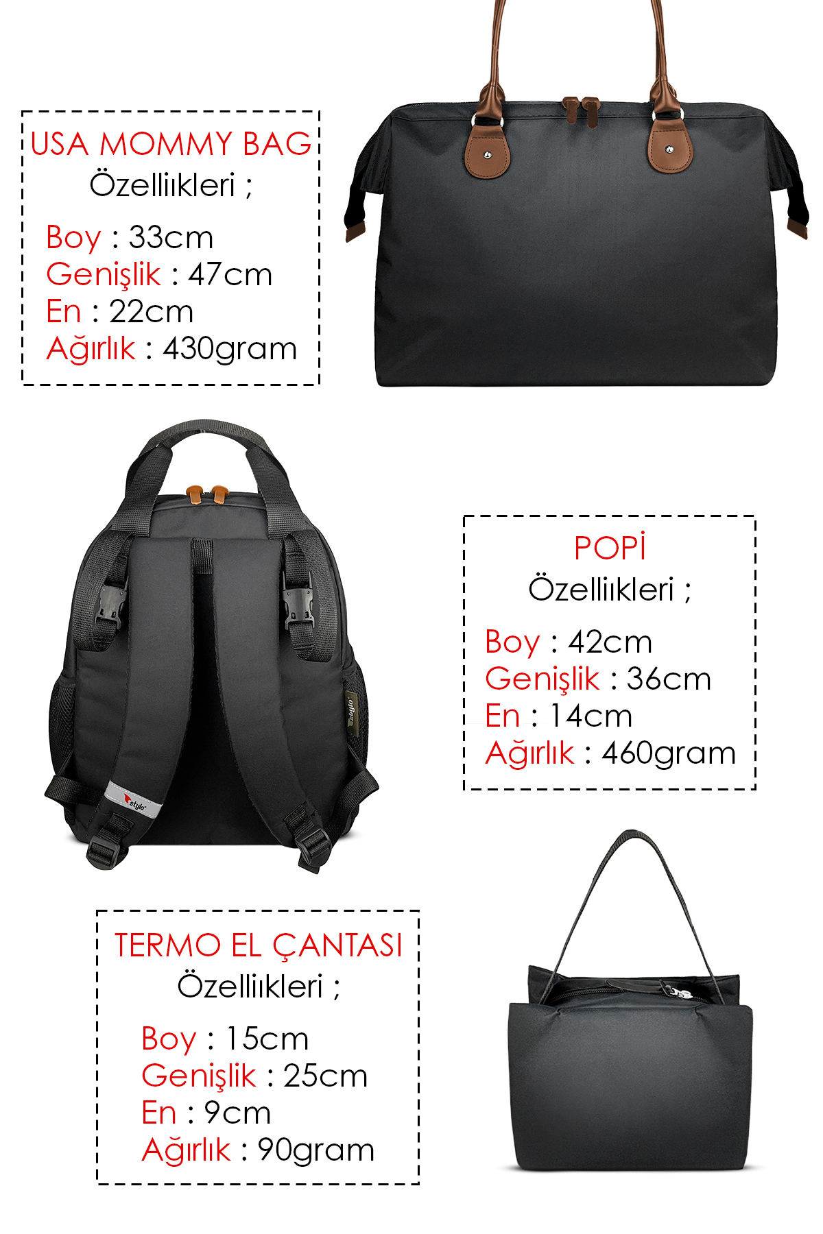 Stylo Baby Bag Bebek Bakım Kadın Omuz Çantası + Popi Anne Kadın Sırt Çantası Termos Çanta Hediye-Siyah fotoğrafı 5 (önizleme)