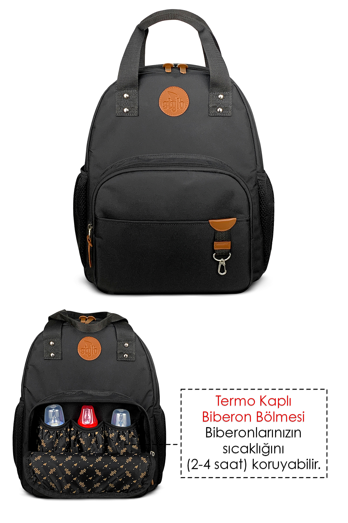 Stylo Mommy Bag Bebek Bakım Kadın Omuz Çantası + Popi Anne Kadın Sırt Çantası Termos Çanta Hediye-Siyah fotoğrafı 3 (önizleme)