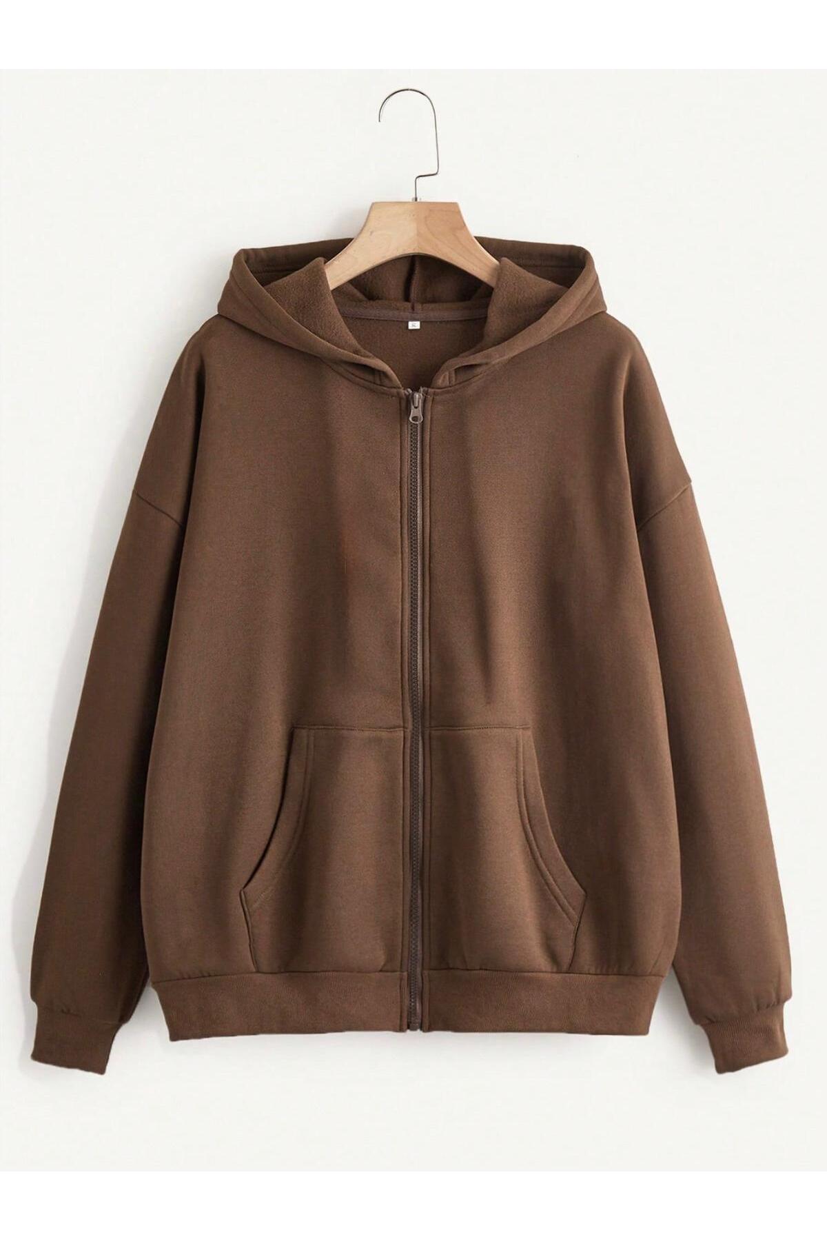 MODAGEN Unisex Kapüşonlu Fermuarlı Kahverengi Hırka Bisiklet Yaka Siyah Sweatshirt Takım görsel 2