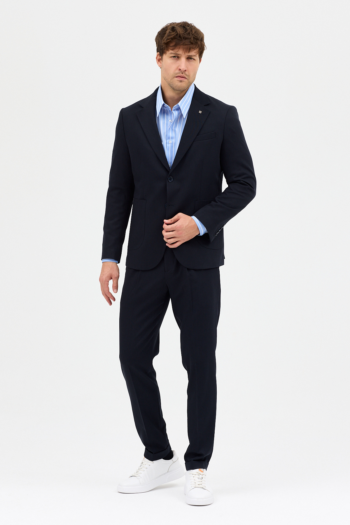 Frappoli Lerma Erkek Koyu Lacivert Torba Cepli Yarım Astar Ceket+Pileli Pantolon 2'li Slim Fit Takım Elbise