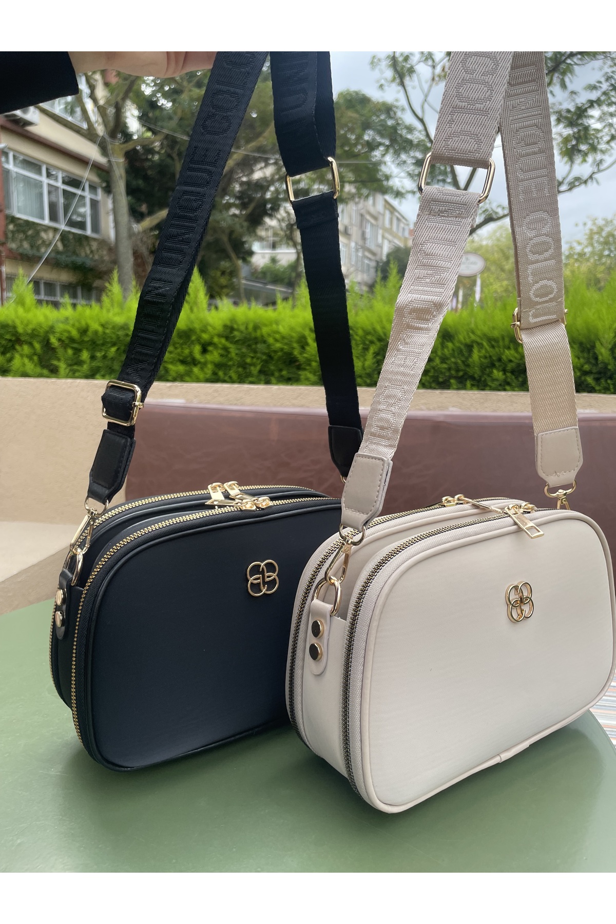 Women's 2-Pack Black Clear Mink Buzy Satin Leather 3 Compartment Adjustable Strap Hand and Shoulder Bag