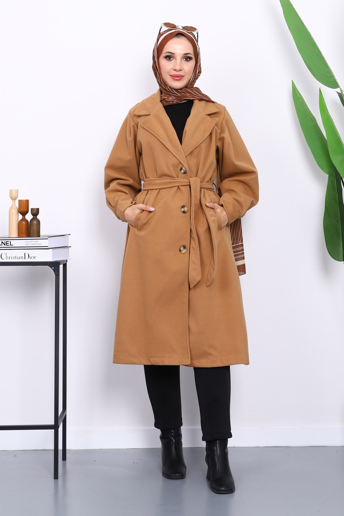 İmajButik Camel Balon Kol Bel Kemerli Kaşe Kaban
