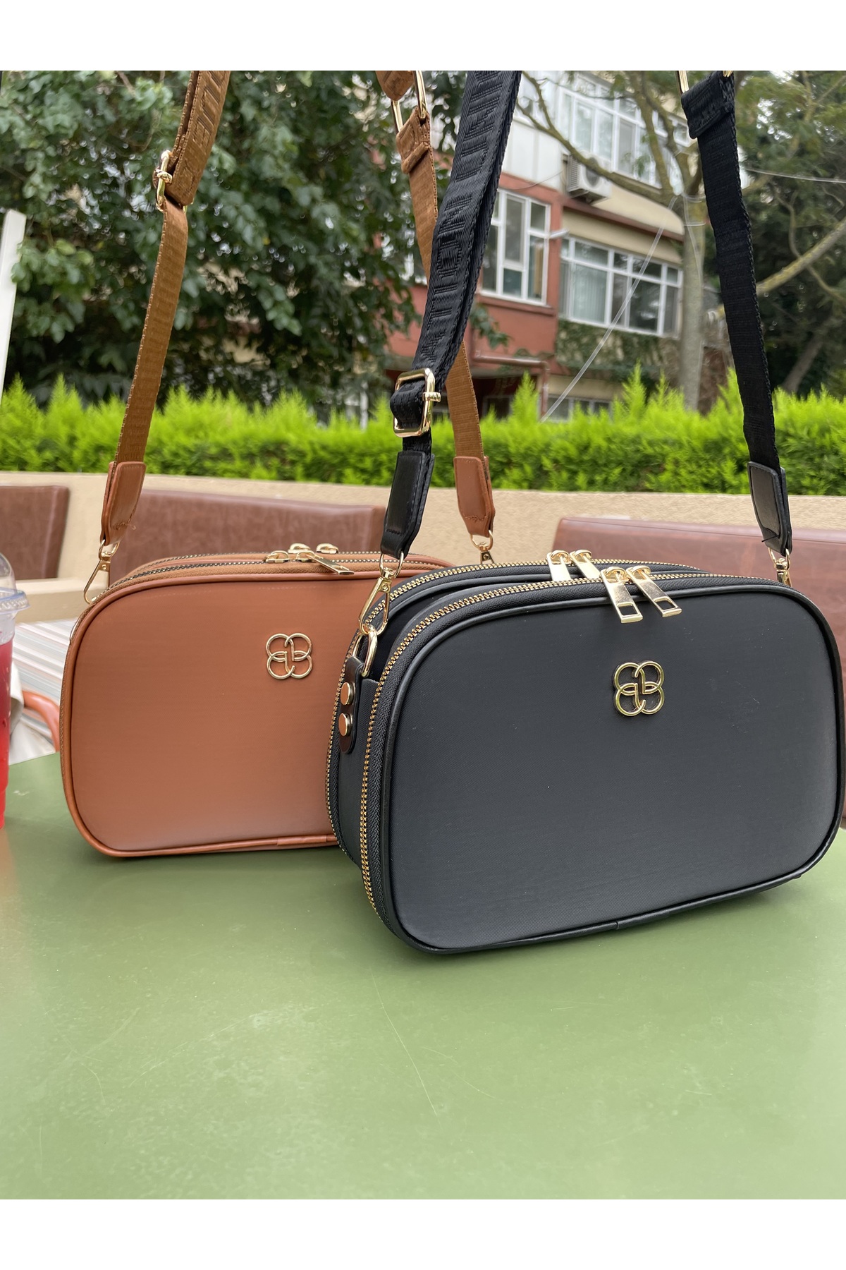 Women's 2-Pack Black Tan Buzy Satin Leather 3-Piece Quality Hand and Shoulder Bag with Adjustable Strap