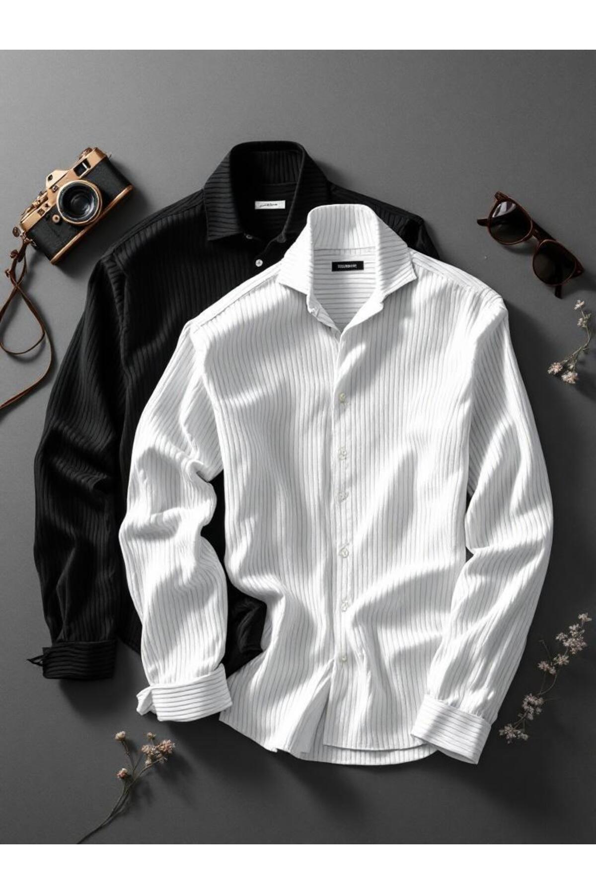 OTAKU  2’li Erkek Fitilli Ottoman Uzun Kollu Gömlek Seti Siyah- Beyaz - Görsel 2