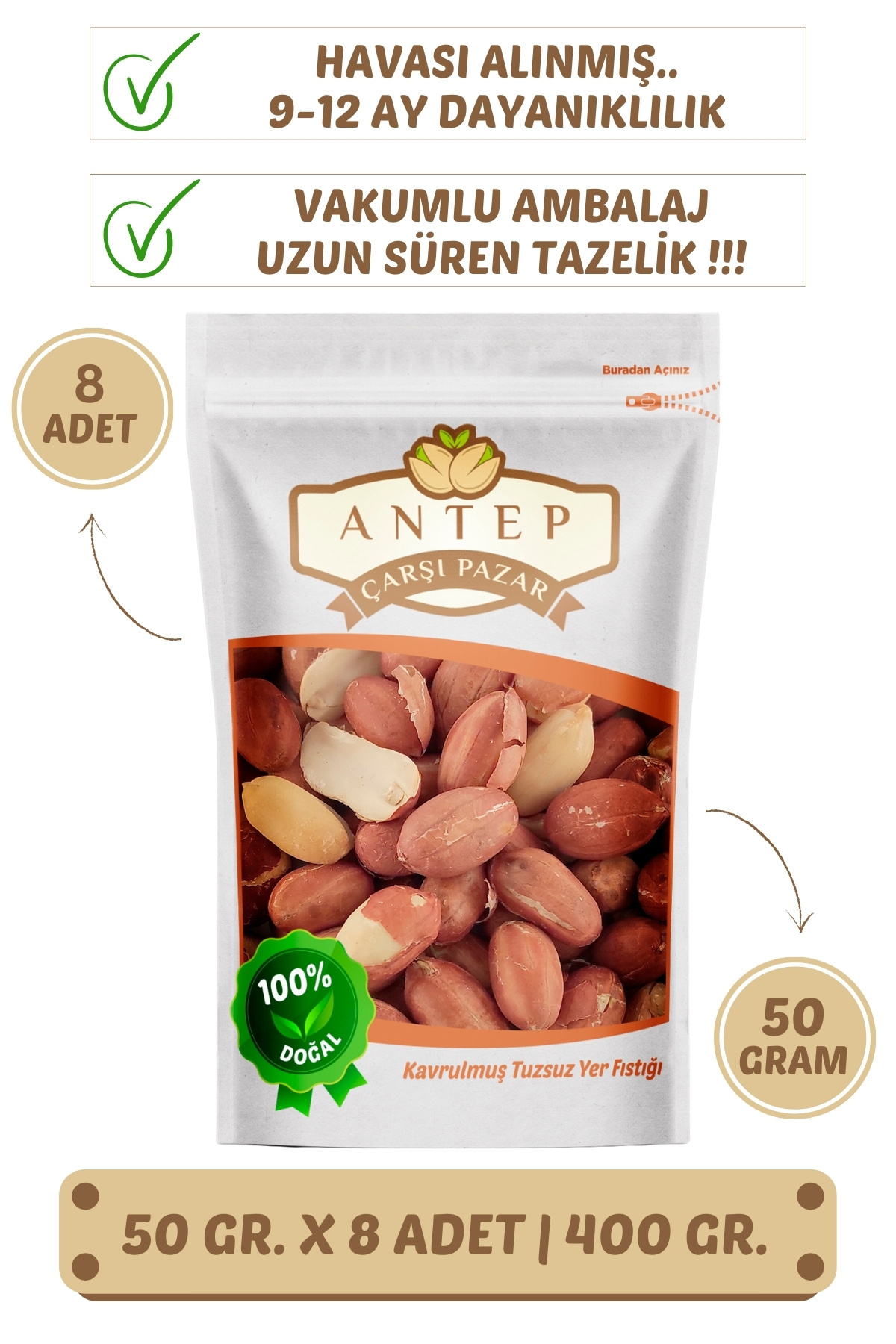 Antep Çarşı Pazar Tuzsuz Kavrulmuş Yer Fıstığı | 50 Gr. X 8 Adet | VAKUMLU AMBALAJ