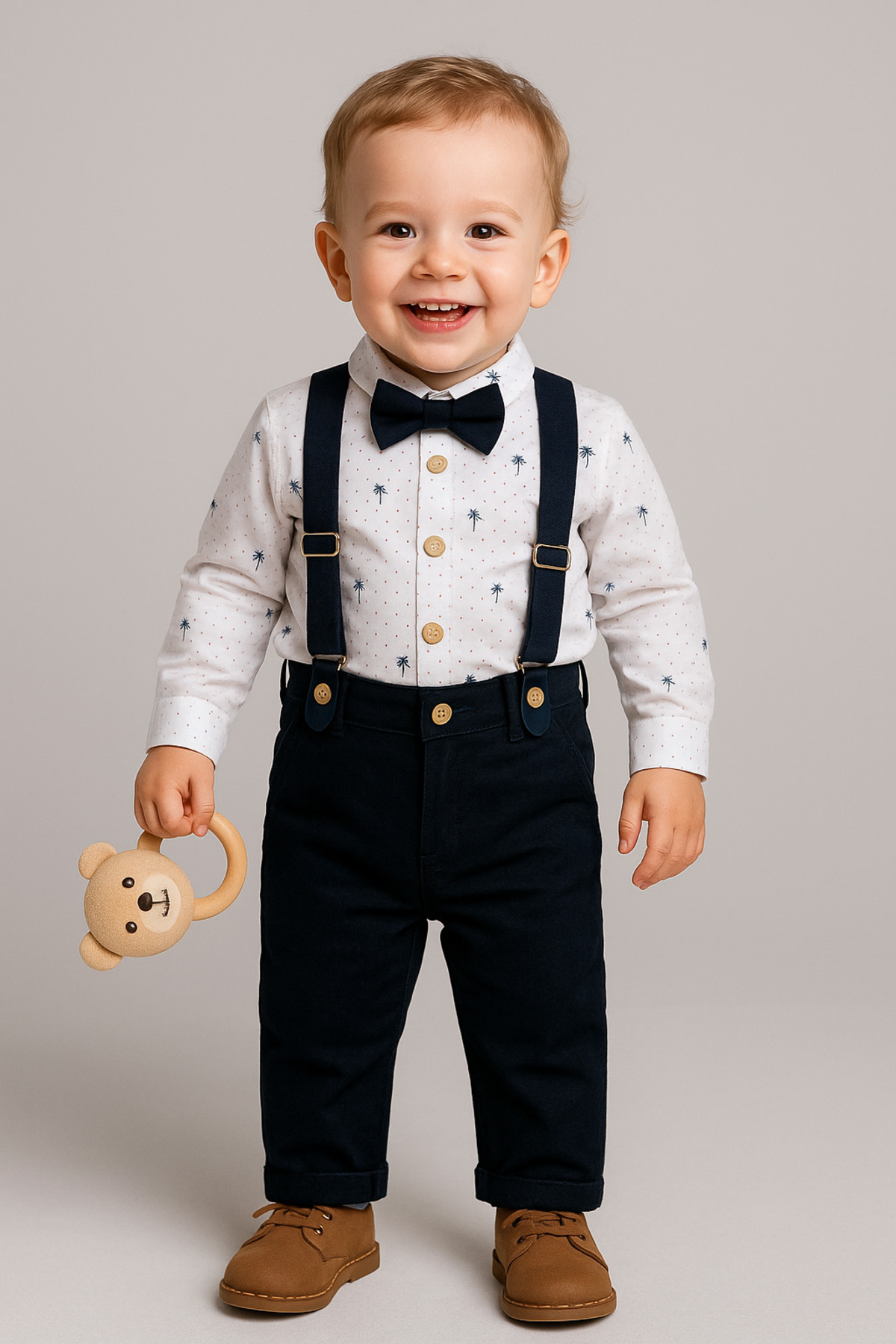 Erkek Bebek&Çocuk Zıbın Gömlek Desenli Papyon Salopet Takım Elbise