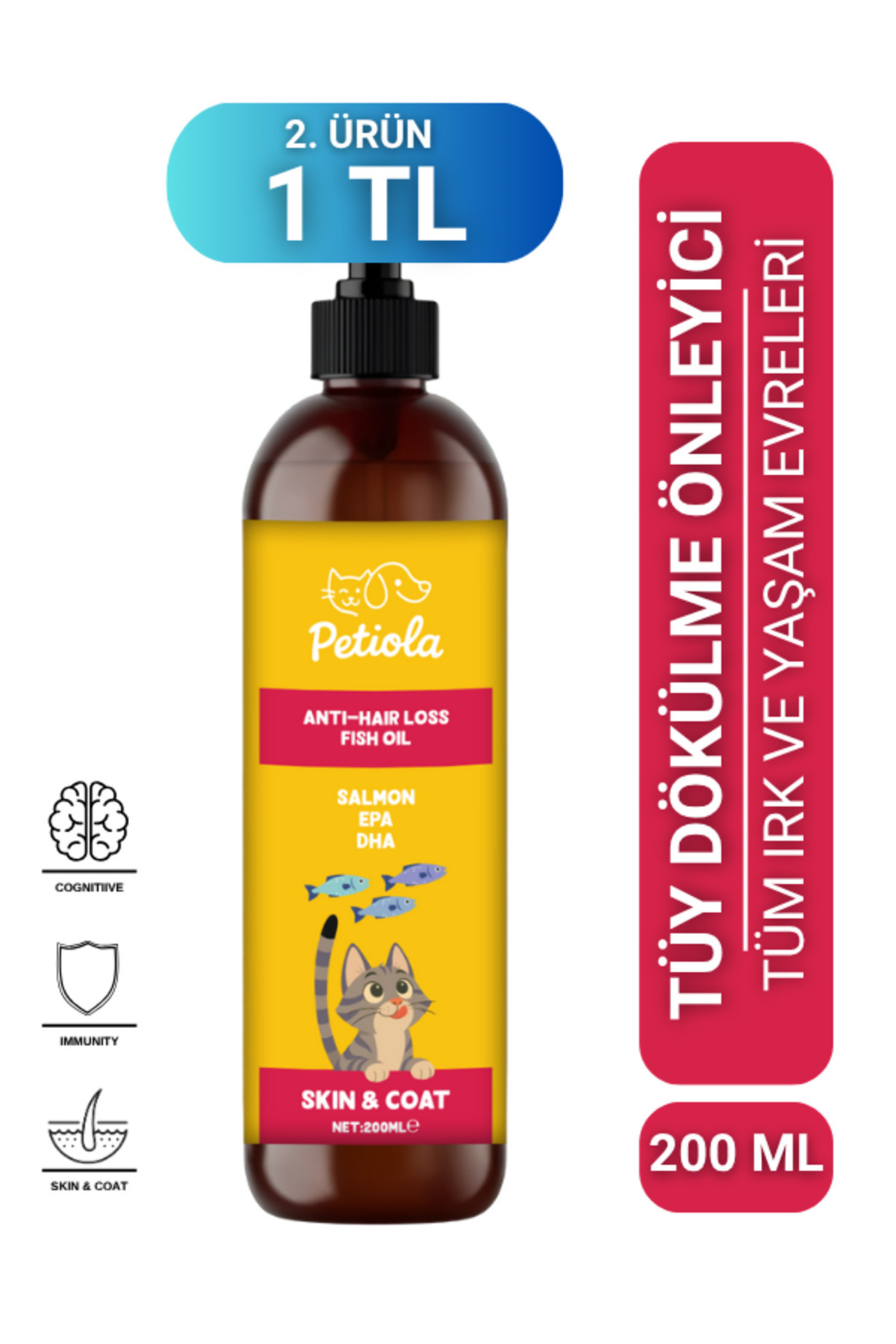 Petiola Tüy Dökülmesini Önleyici ve Tüy Sağlığını Destekleyici Kediler için Balık Yağı Omega 3 ve 6, 200 ml