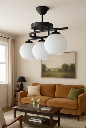 KUZENLER . Modern 3’lü Siyah Metal Gövde Beyaz Cam Avize – Tavan Aydınlatması